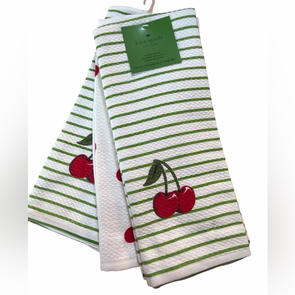 Kate Spade Set of 3 100% Cotton Cherry Green Striped & Poka Dot Kitchen Towels